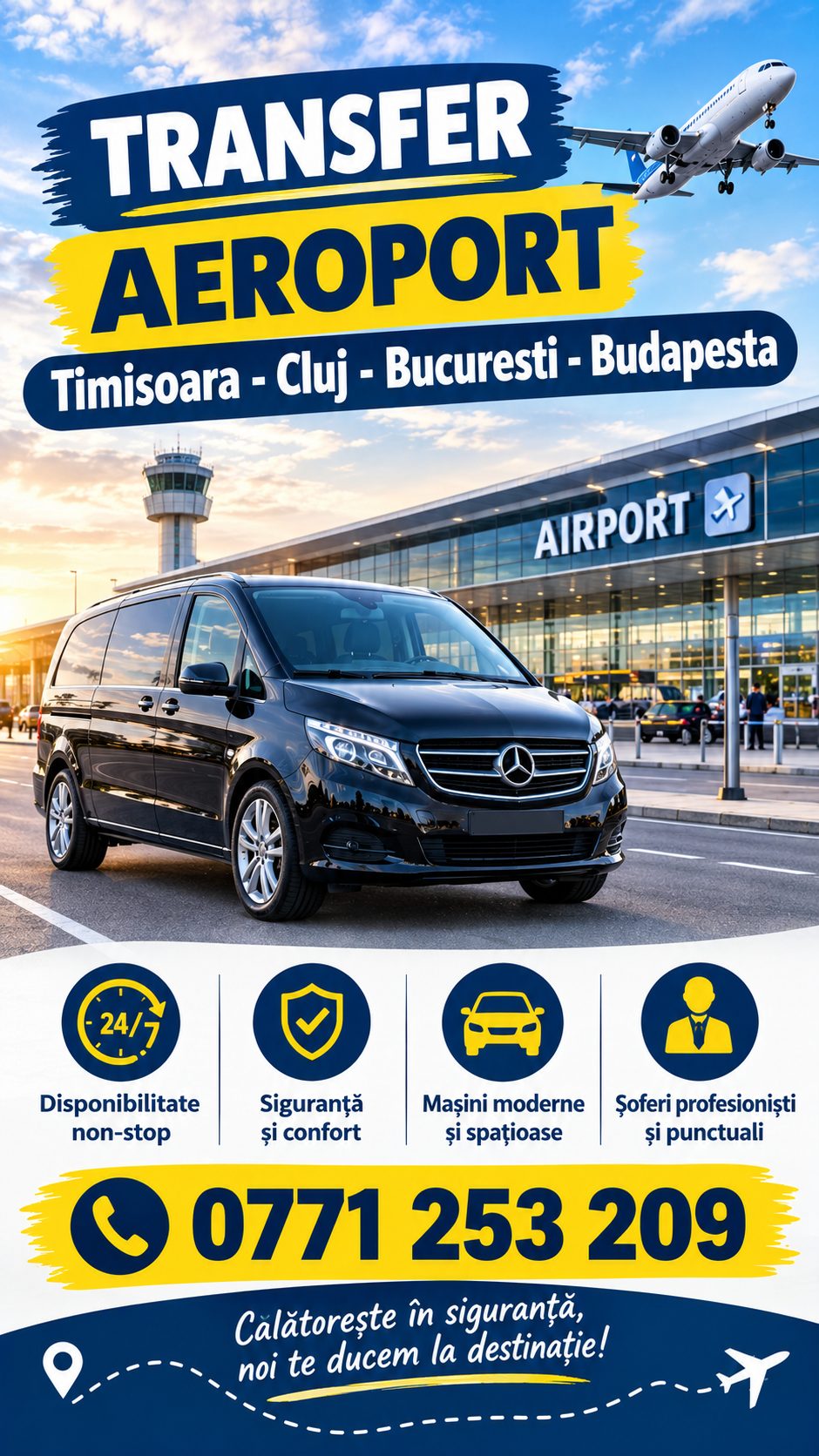 Transfer aeroport din Arad spre Timișoara, Cluj-Napoca, București și Budapesta – microbuz, șoferi profesioniști, disponibil non-stop
